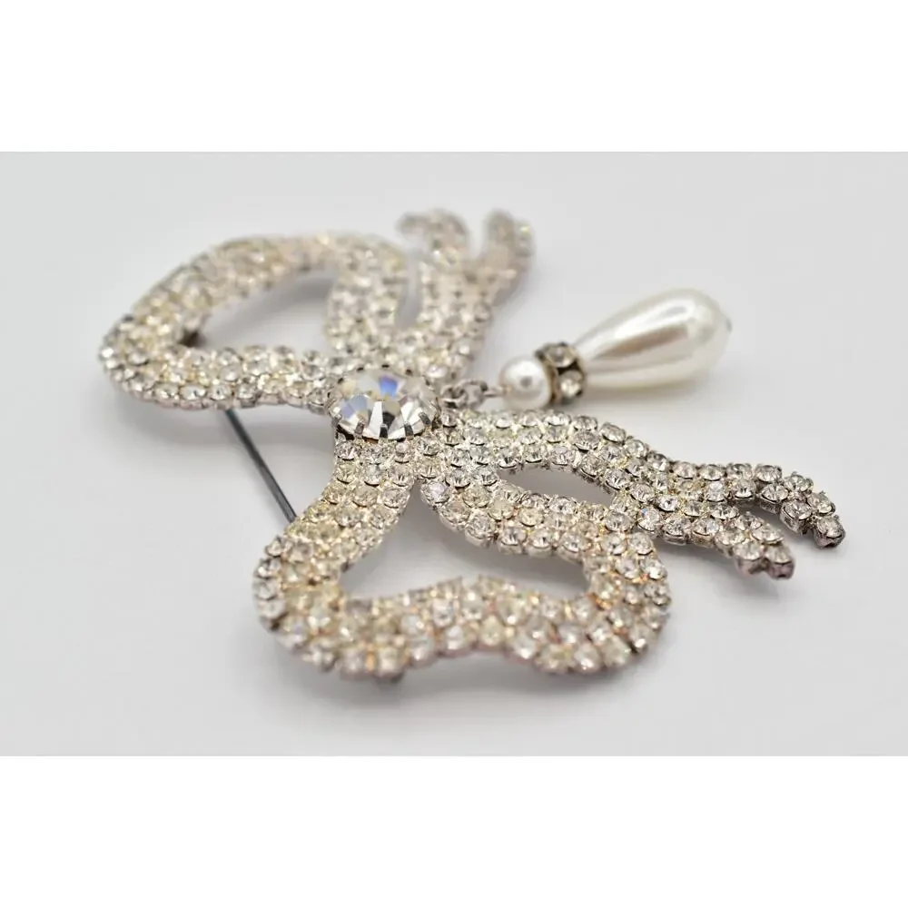 Vintage Crystal Bow Pin Brooch Pearl Dangle Prong Rhinestone Silver 1960s BinBI